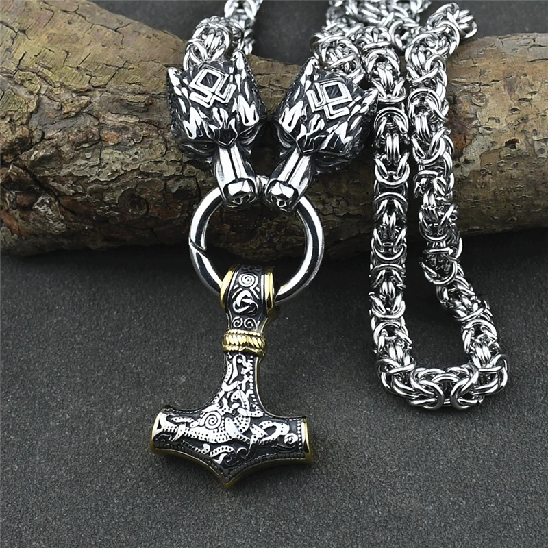 

Norse Vikings Thor's Hammer Mjolnir Scandinavian Rune Amulet Necklace Stainless Steel Viking Rune Wolf Head Chain Male Jewelry