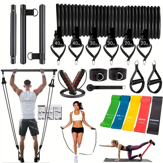 Fitness Pilates Bar Kit Resistance Bands with Ab Roller for Abs