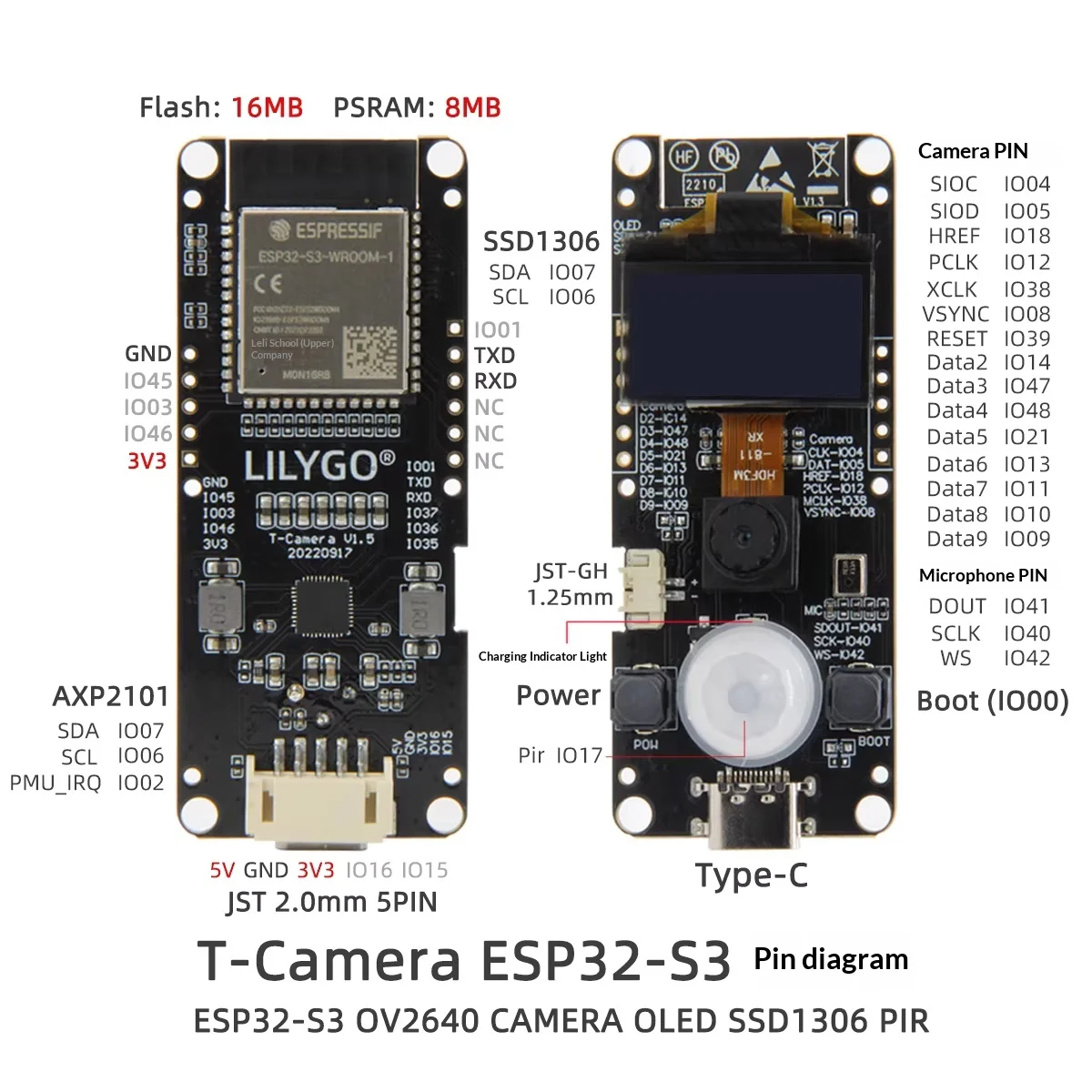 릴리고 ® T-Camera-S3 ESP32-S3 WiFi 블루투스 개발 보드 0.96인치 OLED 모듈