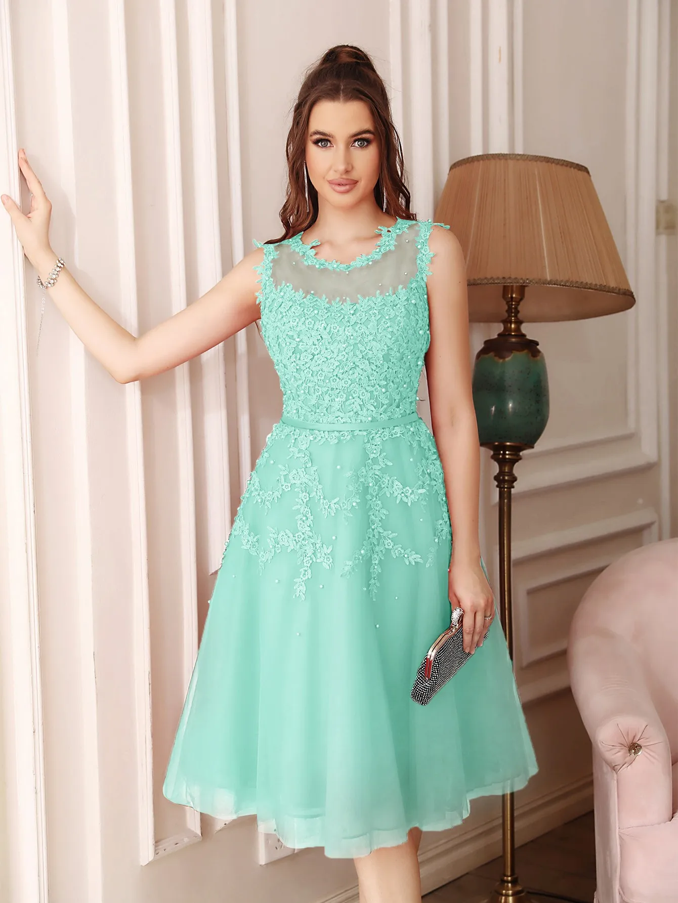 Soft Tulle Evening Dresses Women Appliques Flower Illusion With Sashes Beading Tea Length Formal Party Prom Gown Vestido De Gala - Image 5