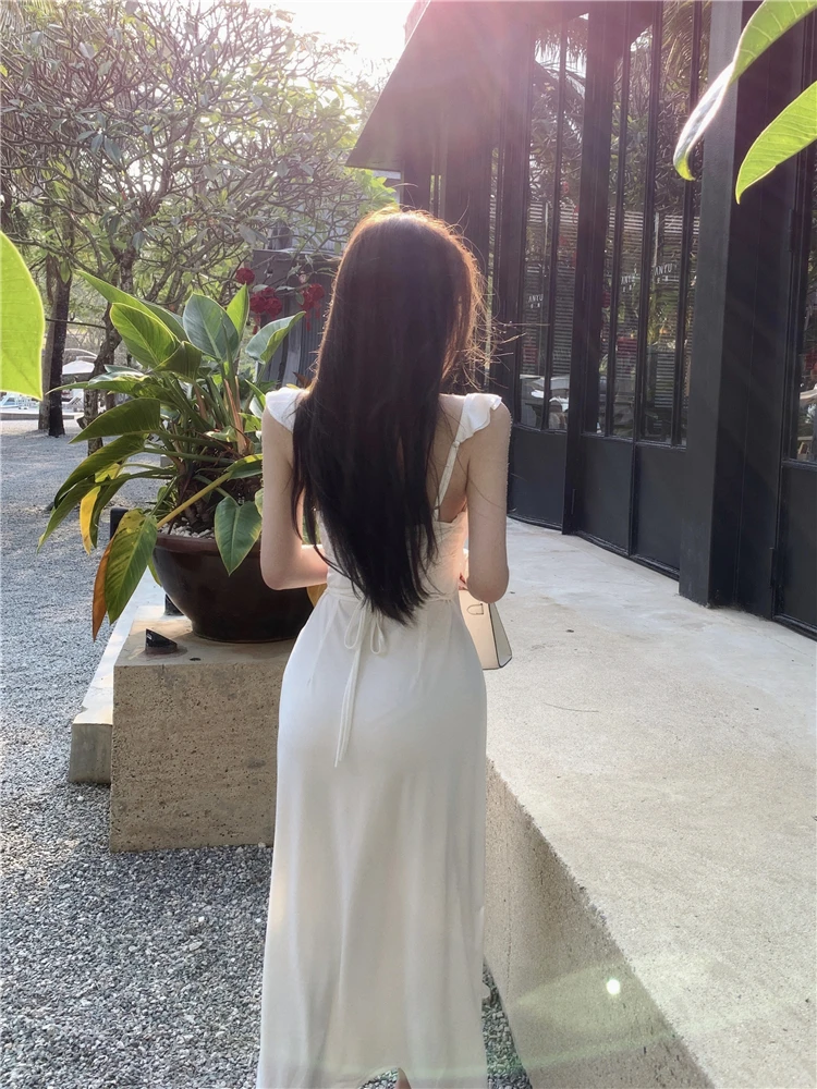 Spaghetti Strap Knitted Dresses for Women Lace-up Slim Solid Square Collar Elegant Sexy Korean Fashion Vestidos Mujer New