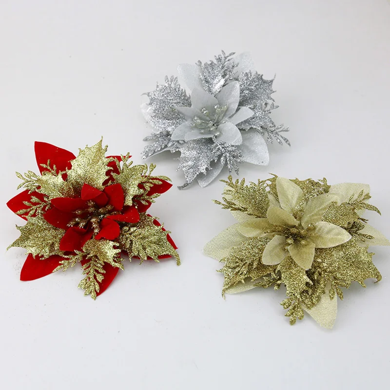 (5Pcs/pack) 14cm Christmas Gold Powder Flowers Glitter Tree Decorations Xmas Ornaments New Year Gifts