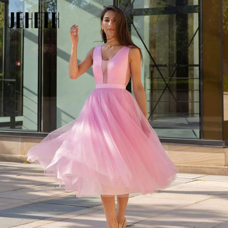 

JEHETH Charming V Neck Lace A Line Homecoming Dresses 2023 Sexy Tea Length Short Tulle Party Prom Ball Gown Custom Made