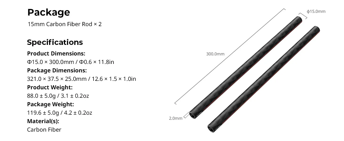 15mm Carbon Fiber Rods for Accessories Come with 15mm Rod Clamps 8/12 inches 2pc