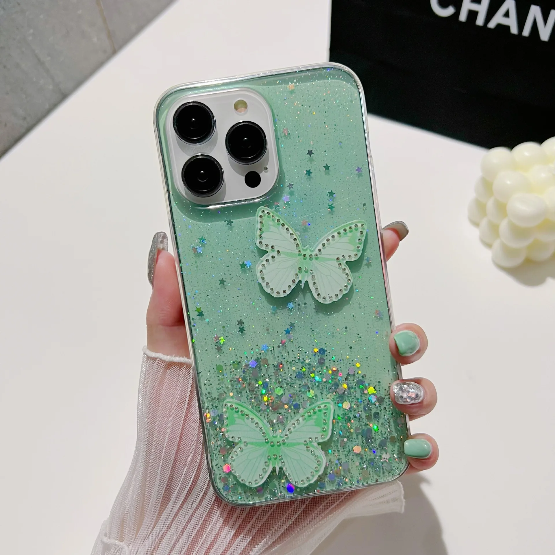 Vibrant Pink Butterfly & Starry Sky Semi-Transparent Shockproof Phone Case