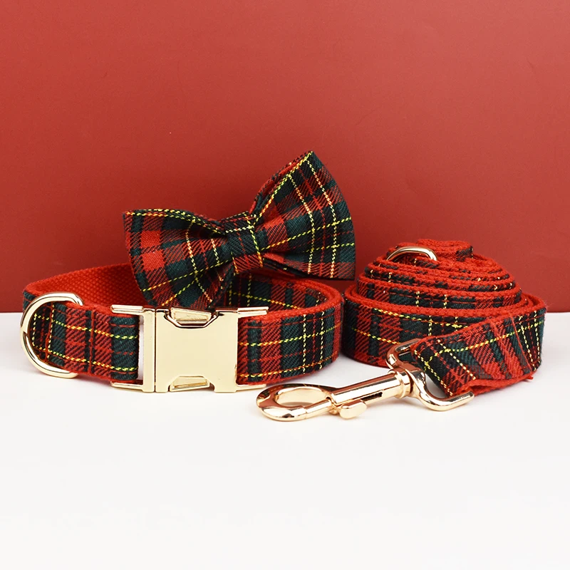Maßgefertigtes Designer-Logo Weihnachts-Hundehalsband Rotes Karo Weiche Baumwolle mit Passender Leine Luxus-Haustiergeschirr-Set für Hunde