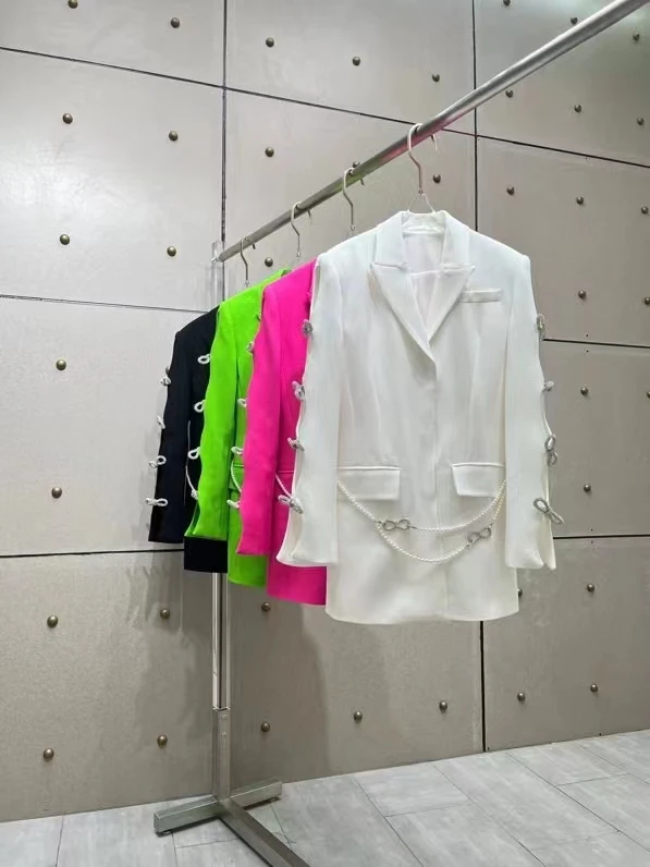 

2023 New fashion good quality runway diamond bow with beaded chain color fabric fixed dye suit jacket
