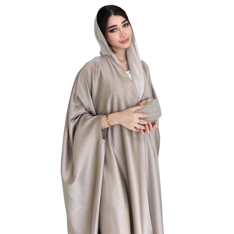 Muslim Fashion Solid Modest Satin Batwing Sleeve Casual Abaya Saudi Arab African Women Clothing Moroccan Kaftan Robe Women Abaya