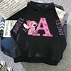 2024 Women's Winter Jacket Cute Kawaii Disney Lilo & Stitch Lucky Letter Print Black Hoodie Fashion Couple Streetwear Sportswear 1