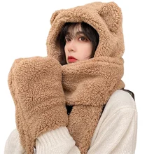 Winter Cute Bear Ear Hat Plush Balaclava with Ears Warm Scarf Gloves Set Hat For Women Girl Fleece Beanies Caps Bonnet Femme