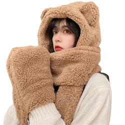 Winter Cute Bear Ear Hat Plush Balaclava with Ears Warm Scarf Gloves Set Hat For Women Girl Fleece Beanies Caps Bonnet Femme