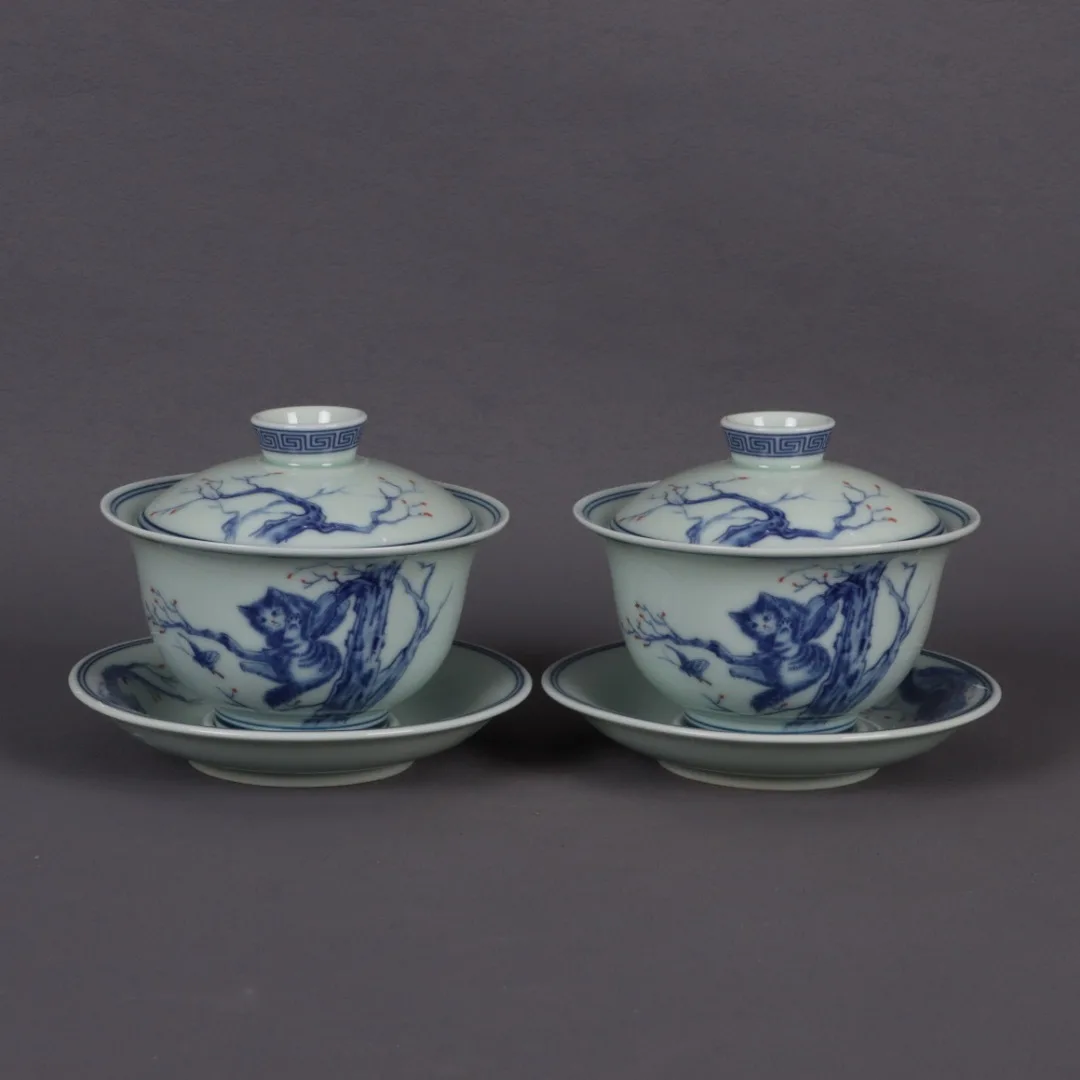 Blue And White Underglaze Red Lucky Cat Patterned Cover Bowl Chinese Style Retro Home Decoration Ornaments 6