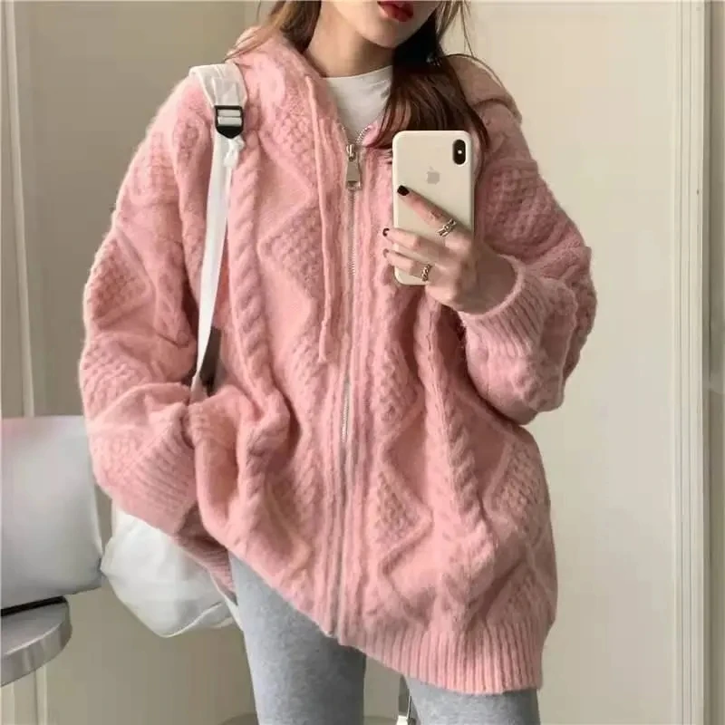 

Gidyq Korean Knit Cardigan Hooded Women Fashion Winter Casual Loose Zipper Thick Sweater All Match Female Streetwear Coats New