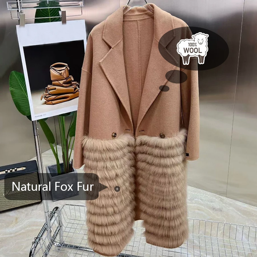 Damen Natur pelzmantel Echt fuchs Pelzmantel Kaschmir Woll jacke