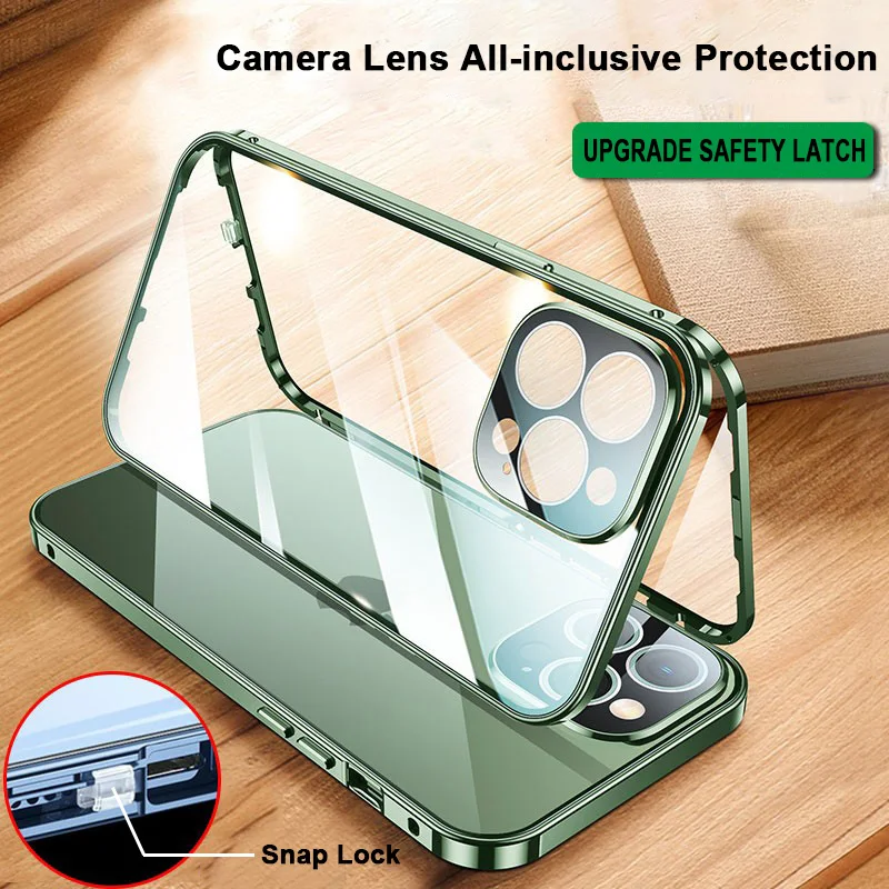 

360° Full Protective Magnetic Snap Lock Case For iPhone 15 14 13 12 Mini 11 Pro Max Double Sided Glass Camera Lens Protect Cover