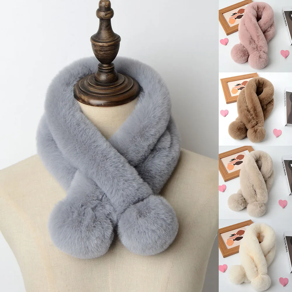 

Women Winter Cross Scarf Faux Rabbit Fur Neckerchief Plush Thick Warm Scarves Solid Color Imitation Fur Grass Neck Collar