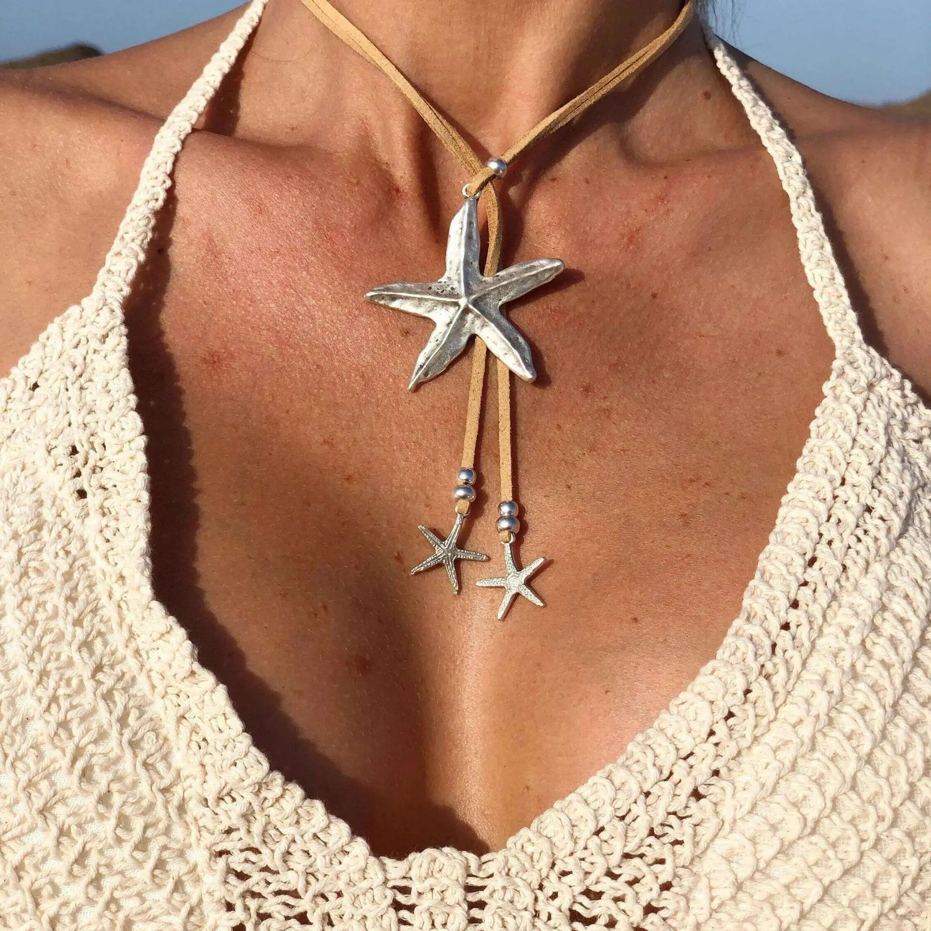 Boho Summer Pendant Leather Necklace - Beach  Bikini Jewelry 