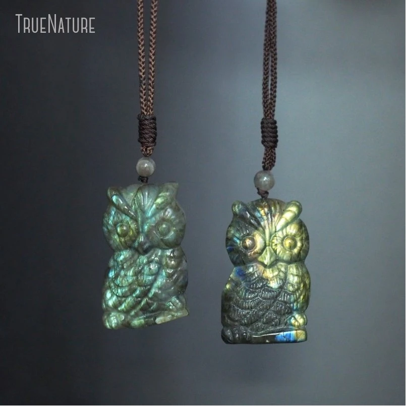 

5Pcs Wholesale Hand Stamped Knit Owl Jewelry Labradorite Necklace NM48506