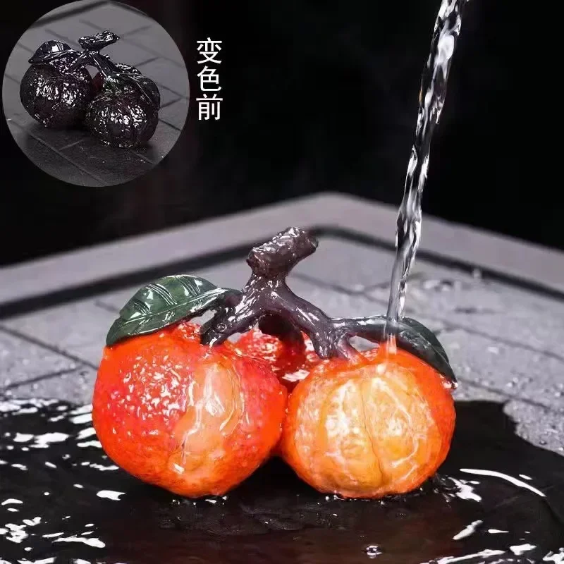 Chinese Resin Color Changing Tea Pet Lucky Orange Model Tea Figurine Ornaments Home Set