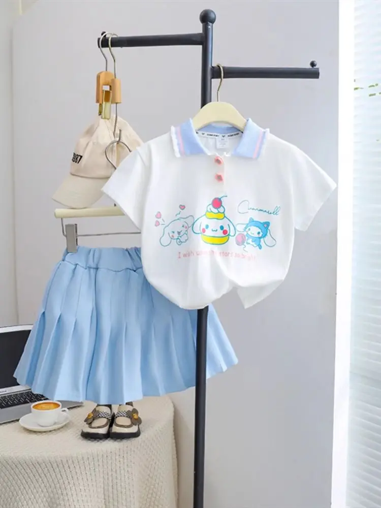 

Children's Clothing Summer Girls Set Anime Cartoon My Melody Cinnamoroll Kuromi Preppy Style Short Sleeves Tee Pleated Skirt Set
