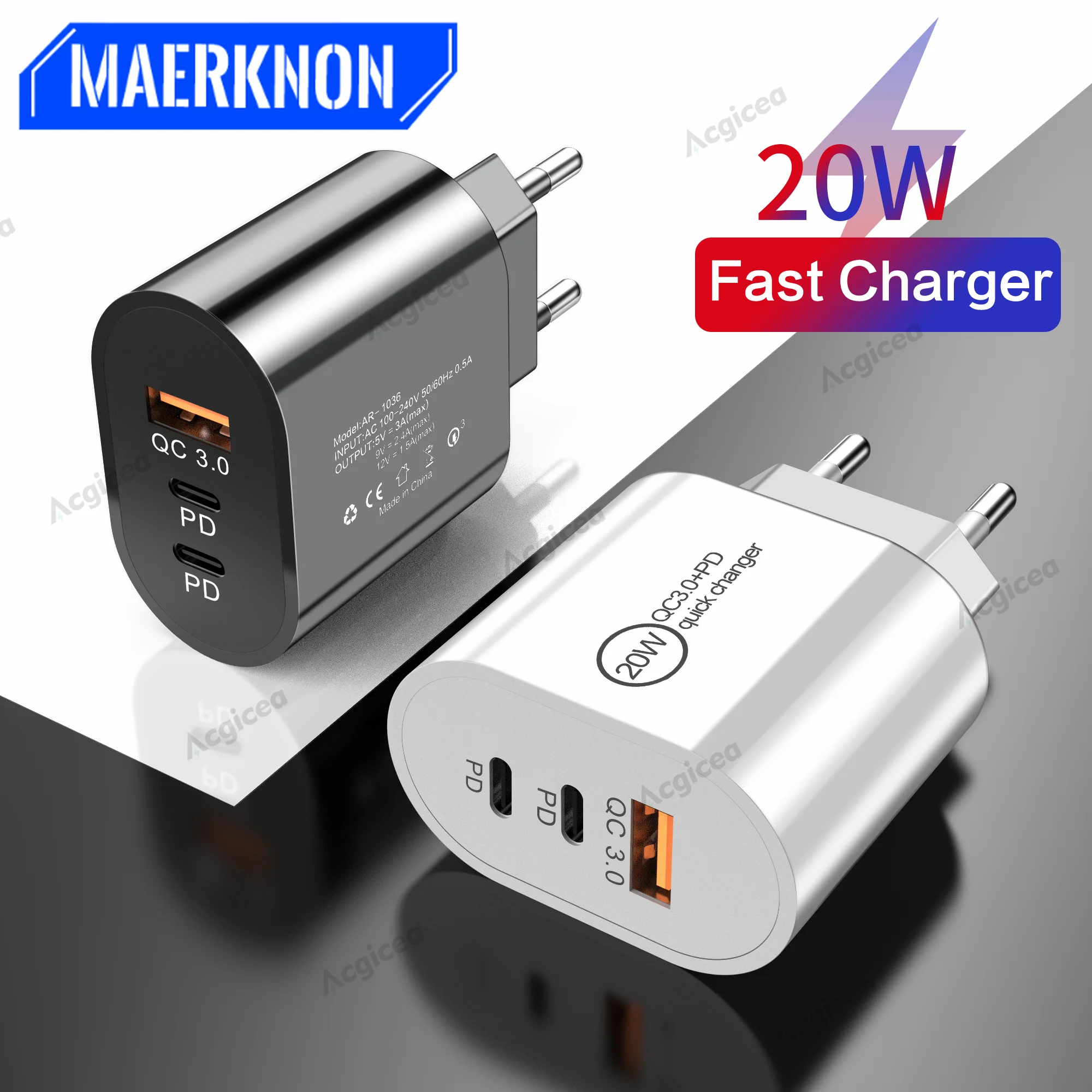 Dual Tipo C Carregador USB, Carregamento Rápido 3.0, Adaptador de Celular, iPhone 13 Pro, Xiaomi Redmi, Huawei, Samsung, 2 PD