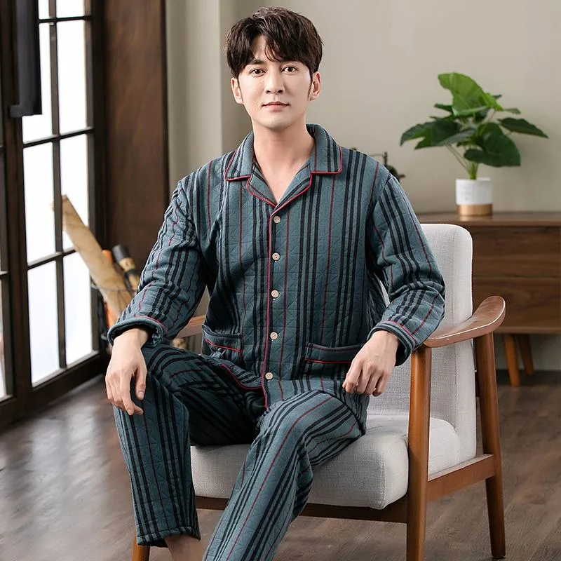 Men Pajamas Autumn Winter Knitted Cotton Casual Large Size Male Sleepwear Sets Air Cotton Medium Thick Plaid Homewear Suit 2024