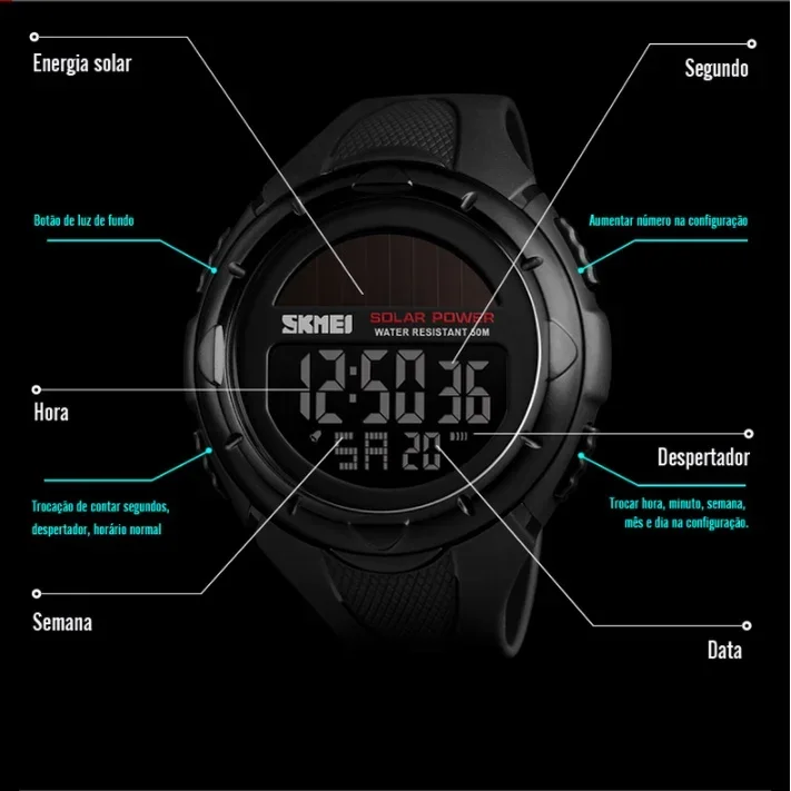 SKMEI 1405 Sport Digital Mens Wristwatches Solar For Power Enviormentally Alarm Male Clock reloj hombre Men Luminous Watches 5