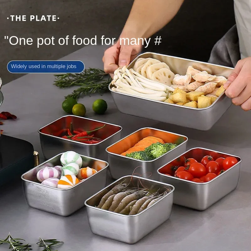 304 Stainless Steel Food Storage Trays Rectangle Sausage Noodles Dish with Cover Home Kitchen Food lunchbox