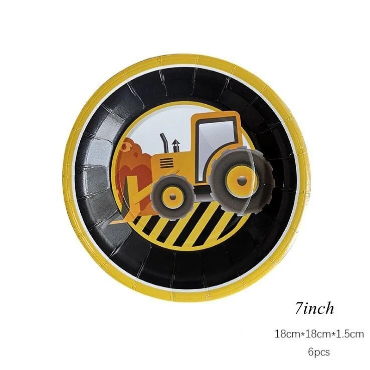 1set Construction Bulldozer Series Disposable Tableware Paper Cups Plates Truck Balloons For Boy's Birthday DIY Party Decoration 