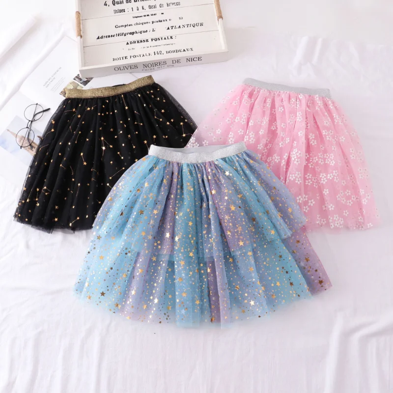 

2023 Summer Girls Stars Sequin Mesh Tutu Skirt Fairy Print Puffy Cake Skirts School Girl Pleated Princess Skirt