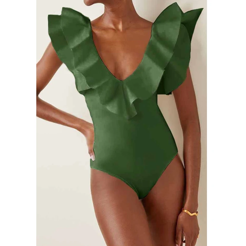 2023 Sexy Ruffle One Piece Swimsuit Sleeveless Solid Swimwear Women Deep-V Bathing Suits Summer Backless Beachwear Dropshipping