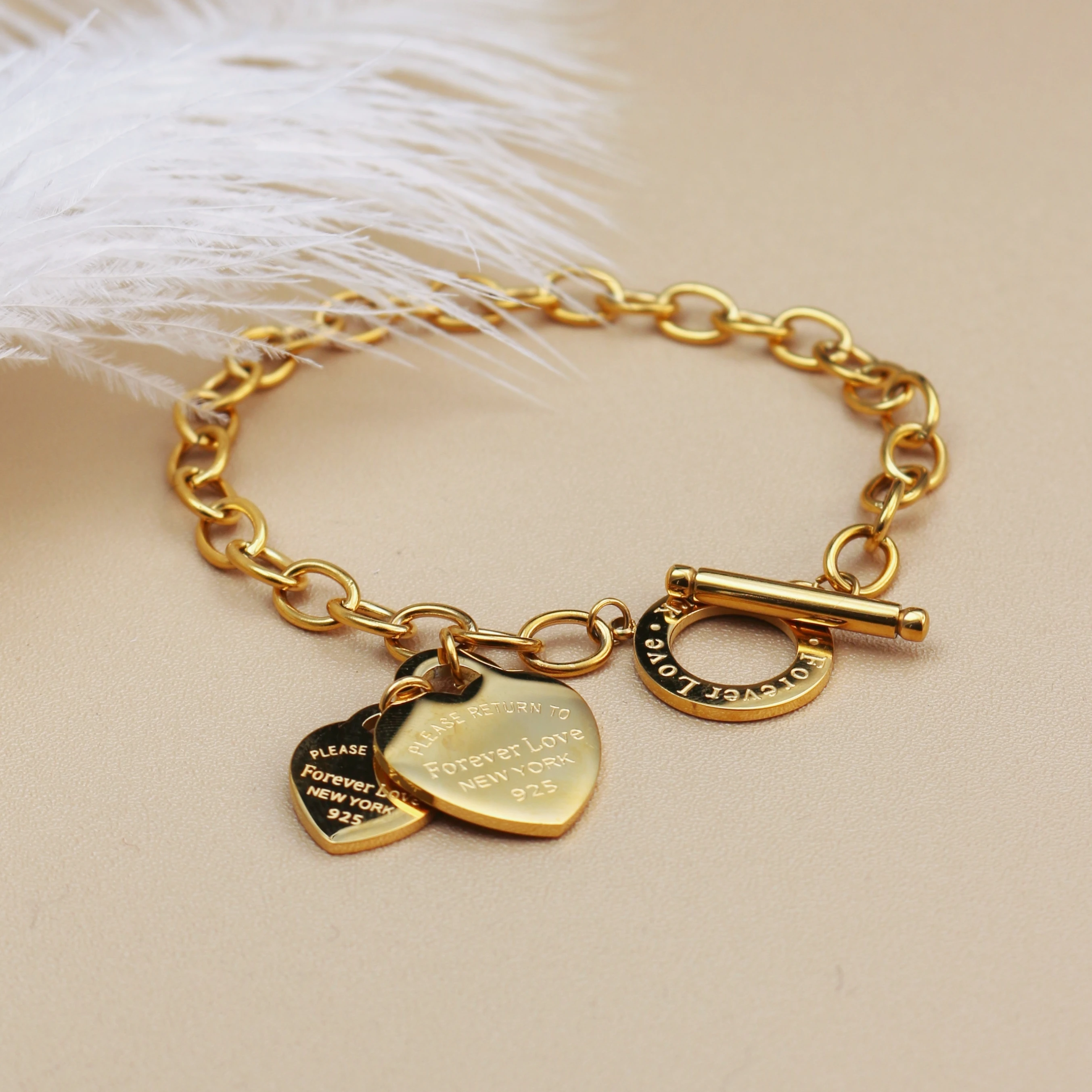 074Fashion Stainless Steel Gold Color Bracelet Double Heart Pendant Design FOREVER LOVE Women's Jewellery Bangle Wholesale Gifts 3