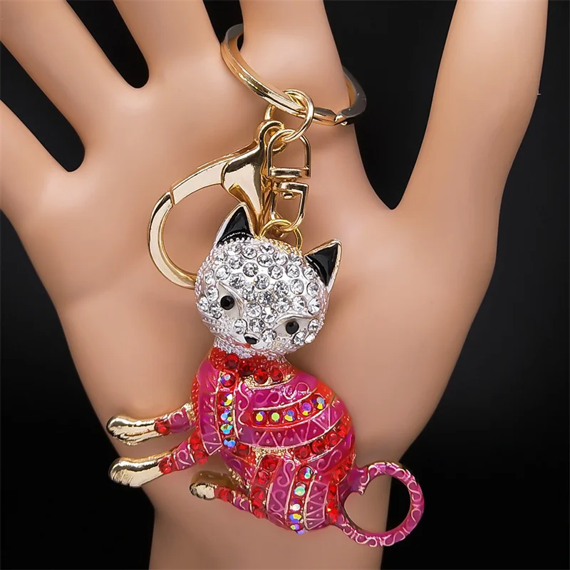 Schöne Katze Kristall Keychain für Frauen/Männer Metall Bunte Strass Pet Liebhaber Schlüsselbund Tasche Zubehör Schmuck llaveros KXHKS01 – Detail 6