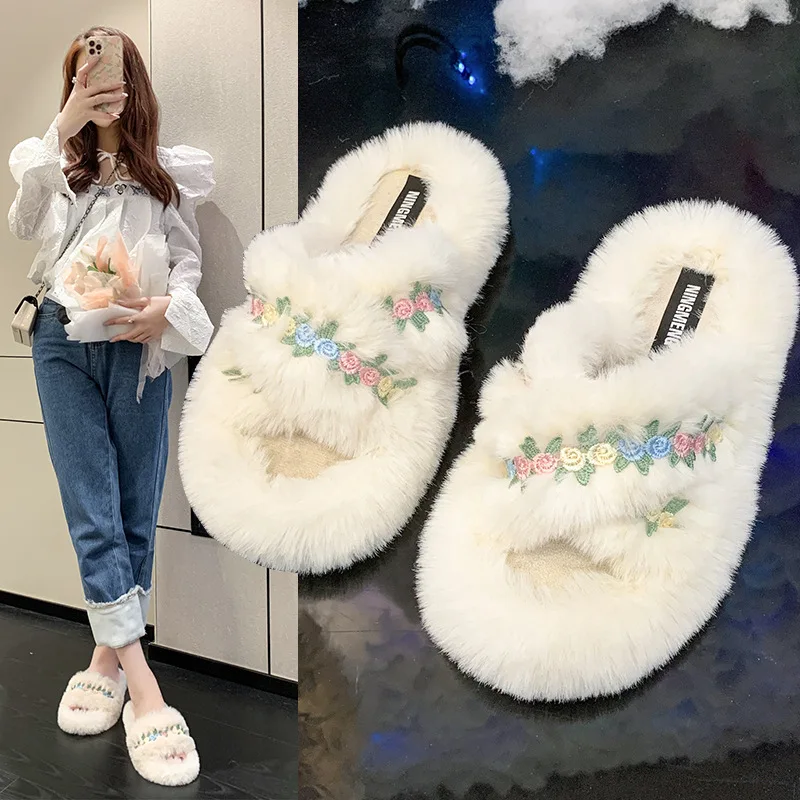 

2023Women Winter Fur Home Slippers Warm Cozy Fluffy Indoor House Women Flat Comfort Soft Slides Female Non-slip Comfort Slippers