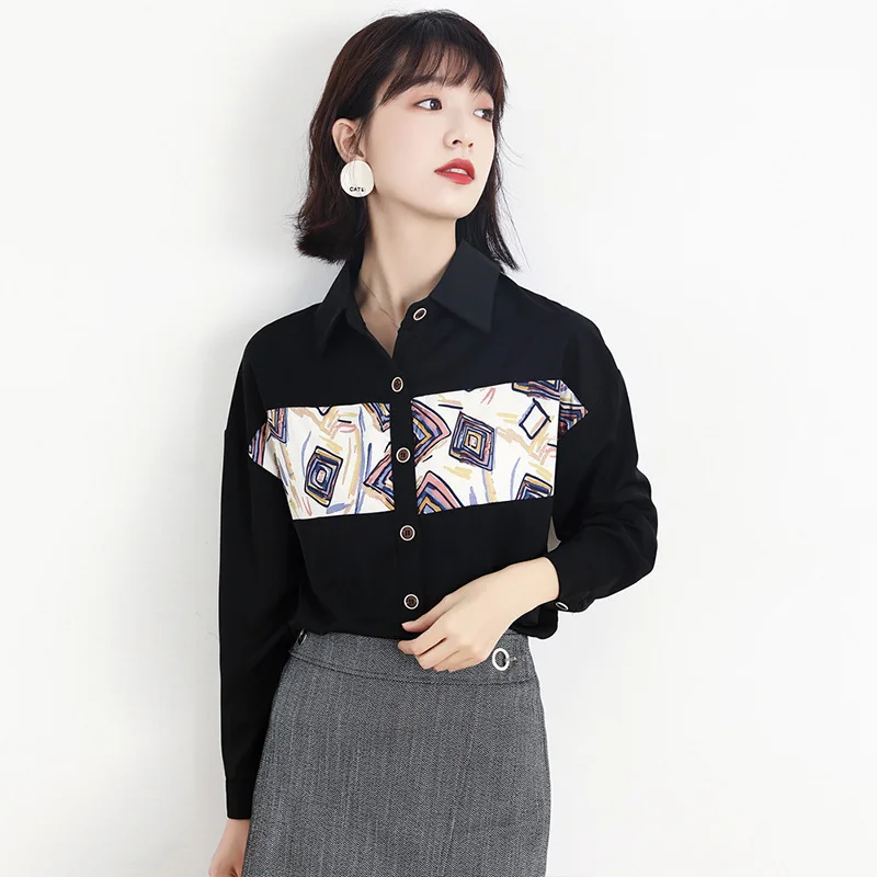 Summer Print Patchwork Long Sleeve Blouse Shirt Women 2021 Fashion Design Button Shirt OL Office Lady Top Oversize 2XL winter men s warm track suit loose couple sweatshirt pants 2 piece set new design hot diamond craft hoodie oversize