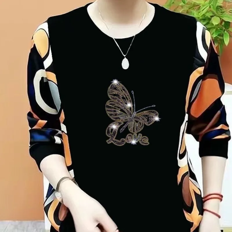 

Fashion Women Butterfly Diamonds T-Shirt Spring Autumn Korean New Contrast Color Vintage Long Sleeve Loose Commuter Casual Tops