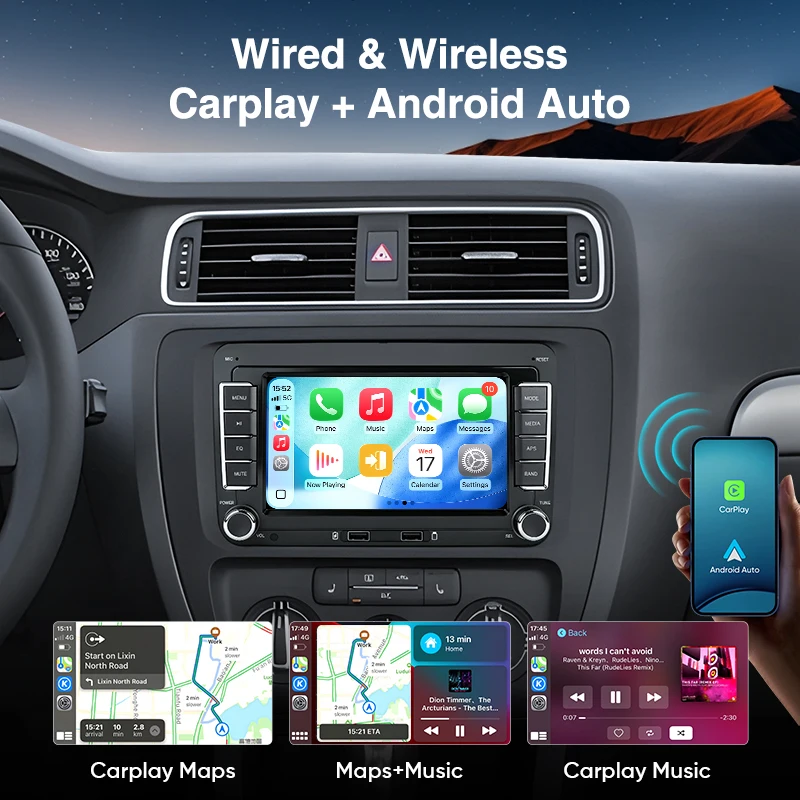 AINAVI Reproductor Multimedia para Auto MP5 de 7 Pulgadas con CarPlay y Android Auto para VW POLO GOLF 5 6 Plus PASSAT JETTA TIGUAN TOURAN 2