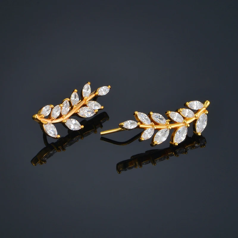 Vintage Shine Leaf Ear Cuff Non-Piercing Ear Clips Gold Plated CZ Earrings Clip Earrings For Women Jewelry