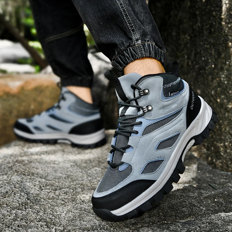 HIKEUP Men Hiking Shoes Fashion Men's Martin Boots Trendy Boots Women Leather Wear-resistant Outdoor Shoes Hiking Shoe Plus Size