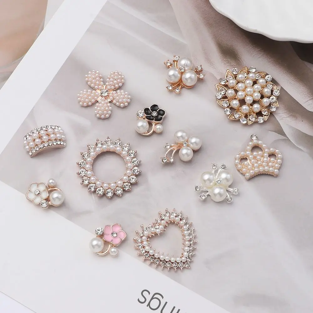 10PCS Pearl Flower Rhinestone Buttons Sparkling Crystal Hairpins Decoration Clothes Sewing Accessories