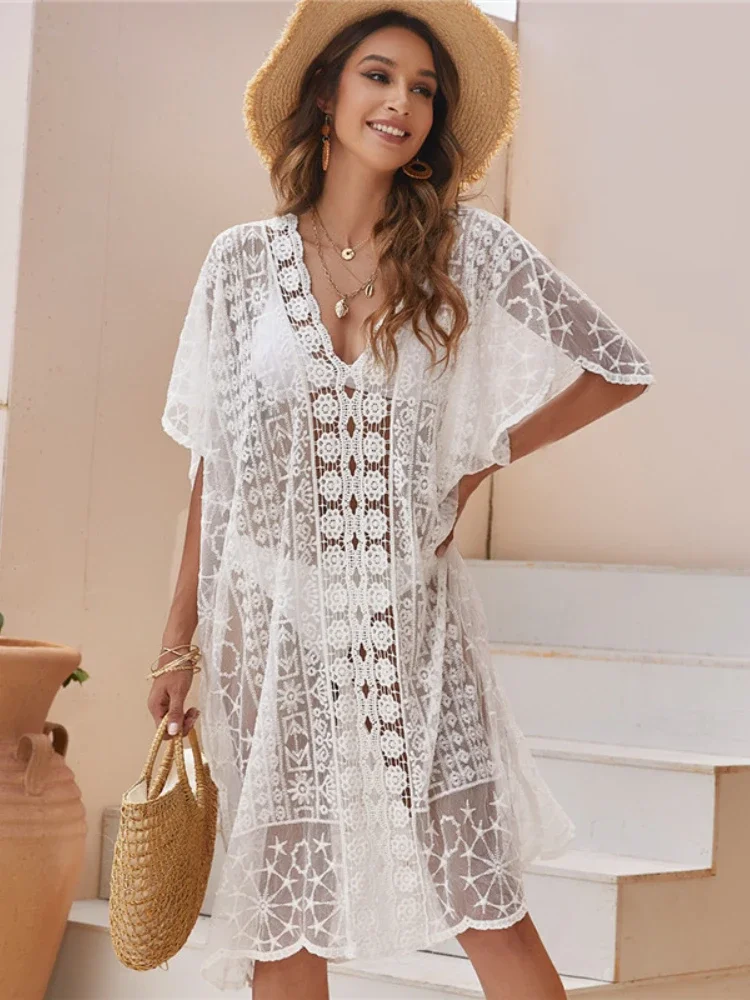 Tunics For beach Long Lace Beach Dress Women Swim Cover up Plus size Saida de Praia Robe de Plage Kaftan Beach Cover up A364 beach cover swimsuit cover beach dress