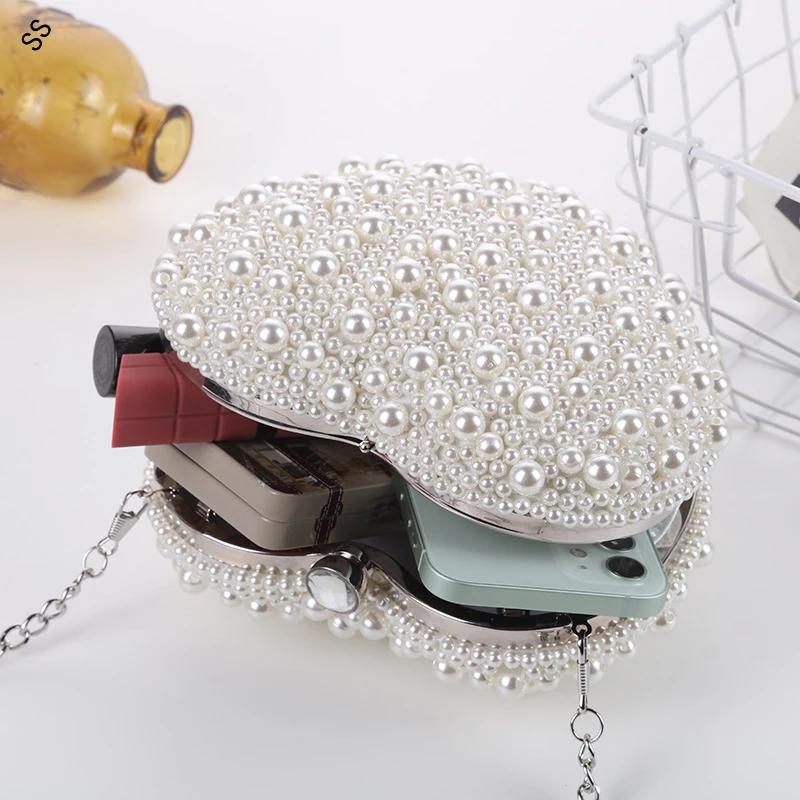 Heart Design Full Pearl Handmade Fashion Clutch Single Chain Crossbody Bag Handbag Woman