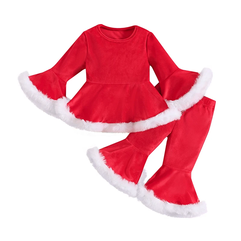 

Комплекты рождественских брюк для девочек, топы с длинным рукавом и плюшевым подолом, трапециевидные топы, красные расклешенные брюки, комплекты