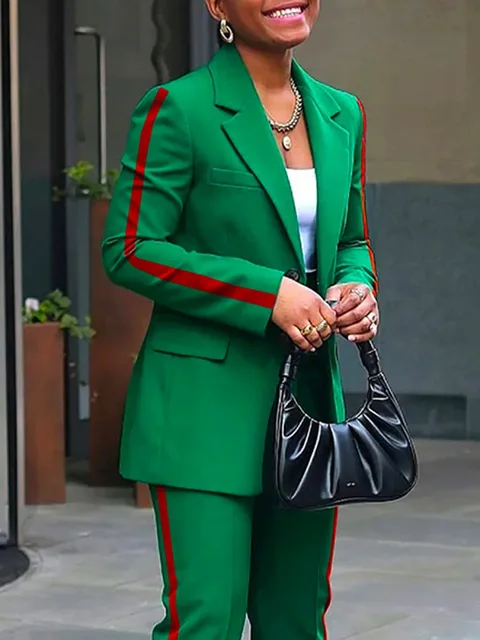 Freeacy 2025 New Women's Casual Blazer Side-striped Green Blazer Coat and High Waist Pants Female Commuter Clothes