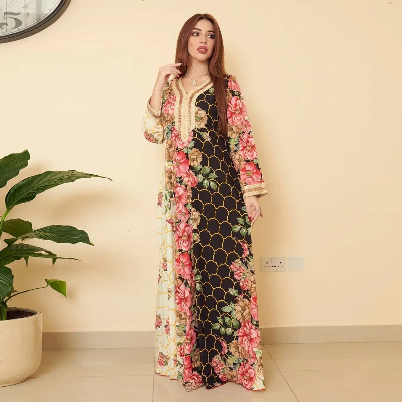 Large Swing Ethnic Style Lace Rhinestone Long Sleeve Loose Abaya Positioning Printing Muslim robe  abaya dress  long dress