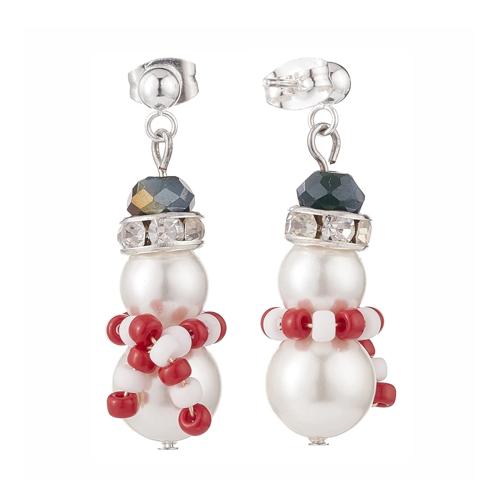Kissitty 20Pairs Red Shell Pearl Glass Braided Christmas Snowman Dangle Stud Earrings Stainless Steel Jewelry for Women Gift