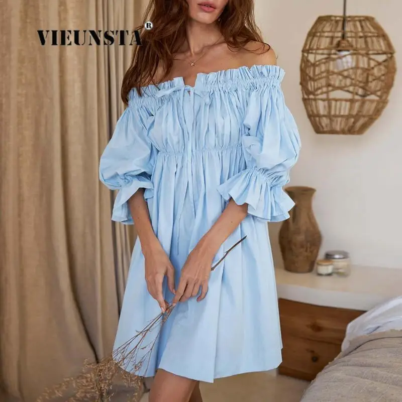 

Ladies Elegant Off Shoulder Elastic Mini Dress Women Lantern Sleeve Party Dresses Fashion Pleat Drawstring Slash Neck Sexy Dress