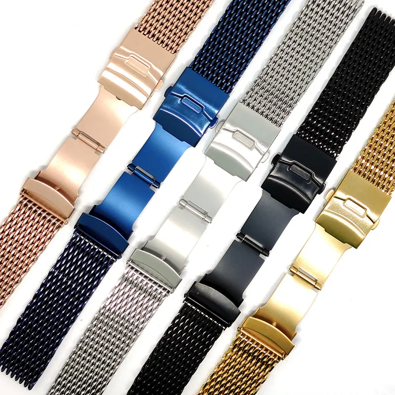 Thicken Stainless Steel Mesh Watch Band 18/20/22/24mm Universal Strap Double Press Folding Metal Clasp Mens Shark Replacement