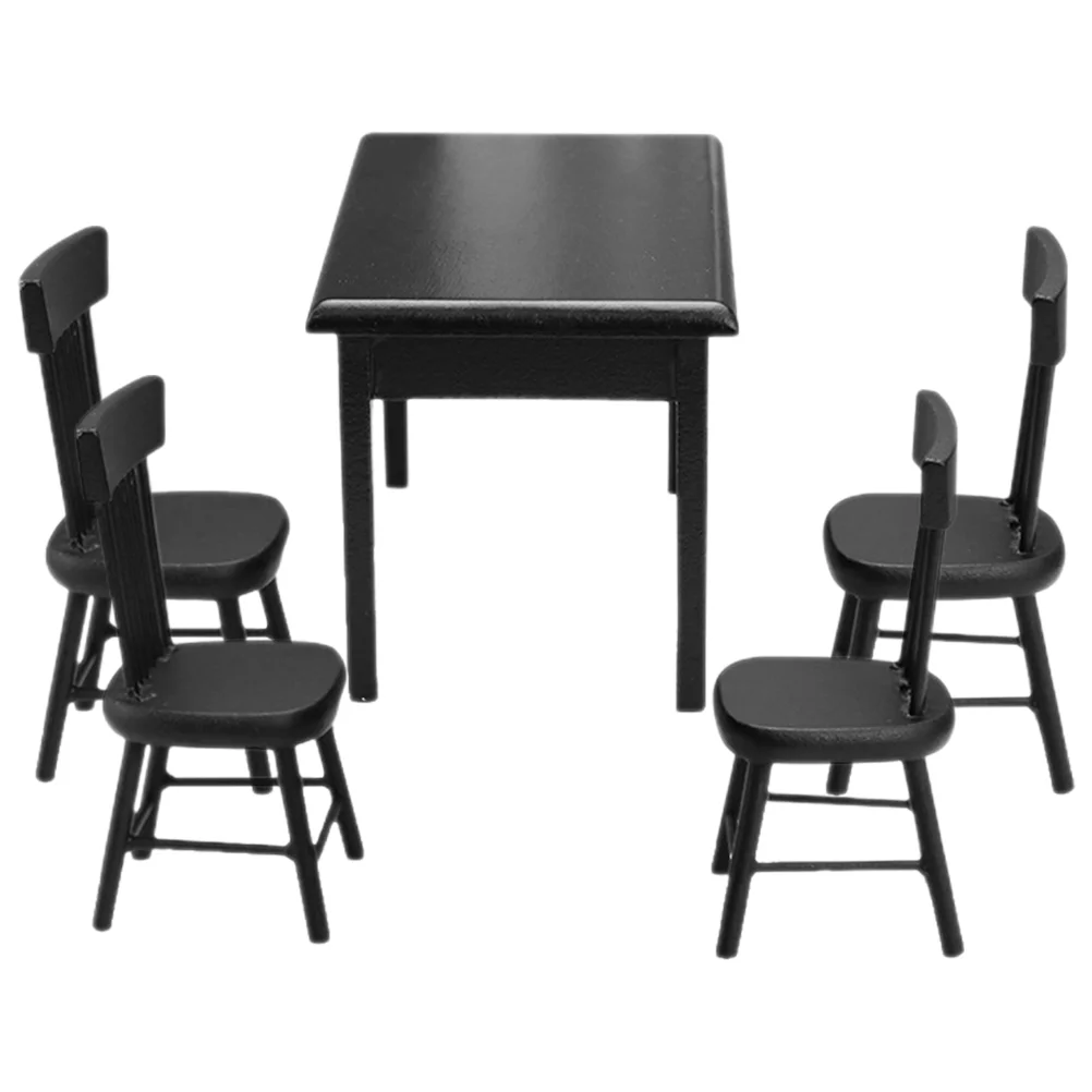

House Furniture Miniature Wooden Table Chairs Tiny Accessories Black Decor