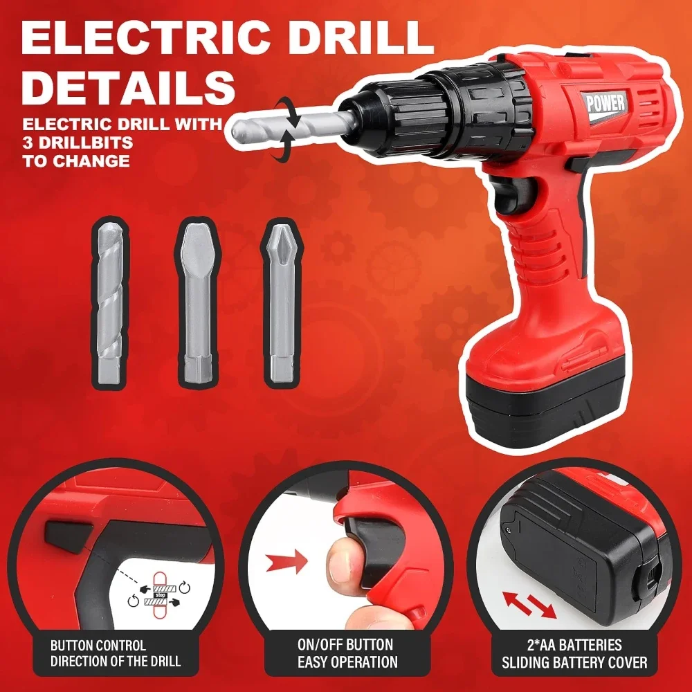 Children's Tool Set with Electric Toy Drill Kids Power Construction Toy Pretend Play Tools Kit for Toddler Boys Girls Child